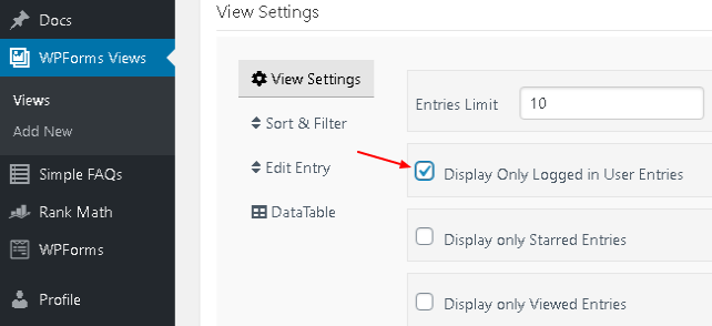 Show only user entries setting