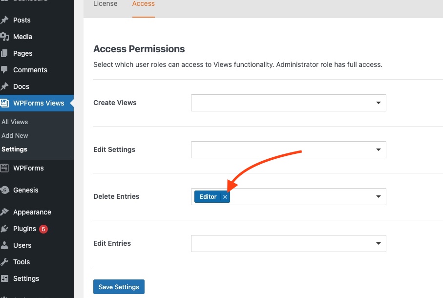 views delete entries access permissions