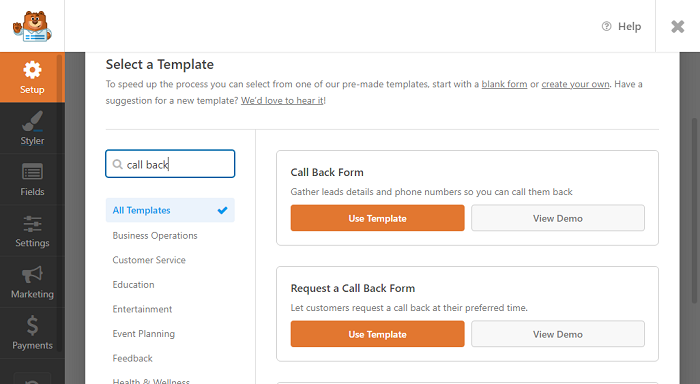 Call Back Form Template in WPForms