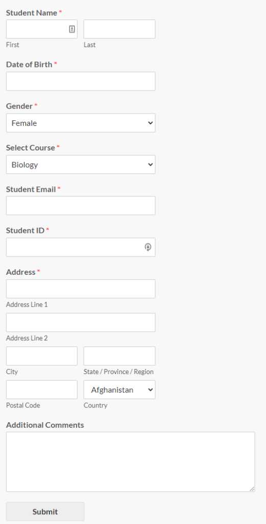 The course registration templates have these fields