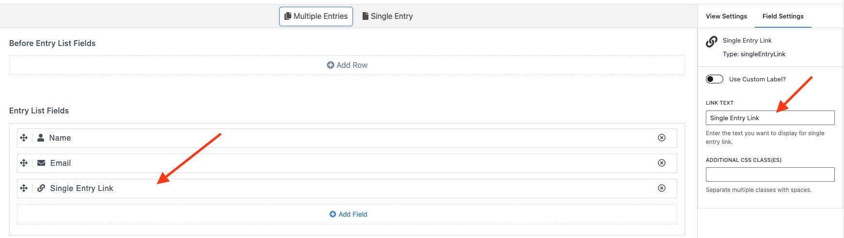 wpforms views single entry link field settings