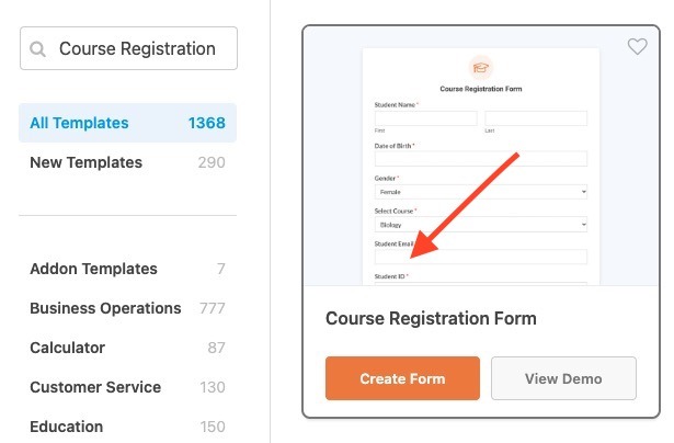 wpforms course registration form addon 

