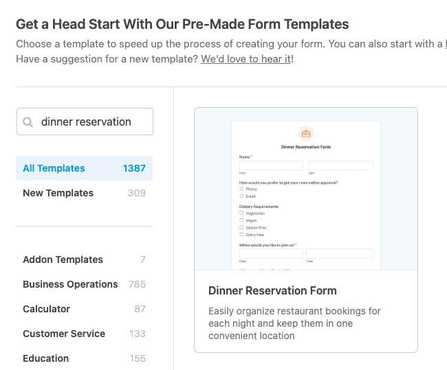WPForms Dinner Reservation template