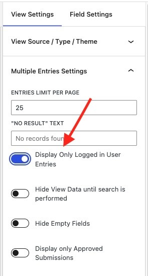 WPForms Views Display only logged in user submitted 
entries setting
