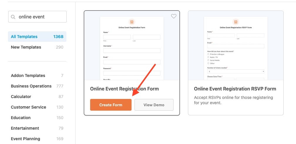 wpforms online registration form tempplate